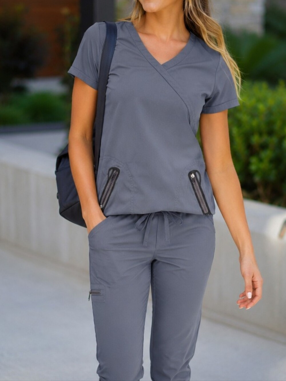 Koi Lite Gray Wrap-Style Utility Scrub Top Zip Pocket Stretch Medical Uniform